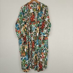 Frida Kahlo Printed Cotton Kaftan 3/4 Sleeves Open Front Kimono Robe One Size